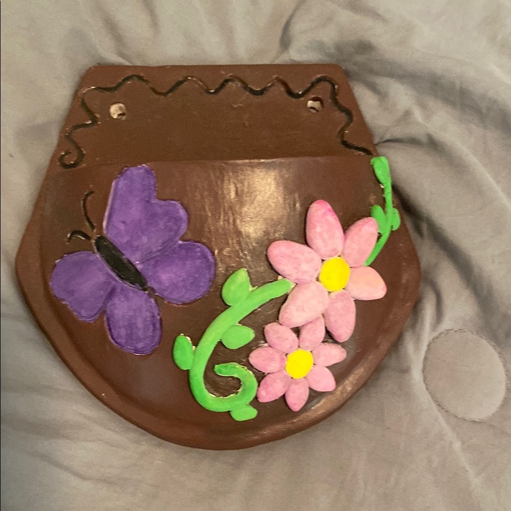 Brown Wall Pocket with Purple Butterfly and Pink Flowers